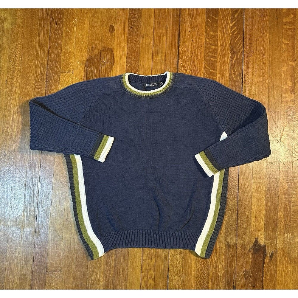 Vtg STRUCTURE Sweater Crewneck Stripes Fisherman USA XL Cotton Navy Blue